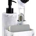 ZCCZ White Soap Dispenser with Sponge Holder, Kitchen Soap Dispenser Pump, Sponge Caddy and Brush Holder 3 in 1 Set Organizer for Sink Countertop, Removable Tray, Marble Look (Brush NOT Included)
