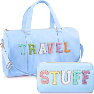 Shinylin 2 Pcs Travel Preppy Duffle Bag and Chenille Letter Makeup Pouch Cosmetic Zipper Patch Weekender Carry on Tote Bag for Women(Blue)