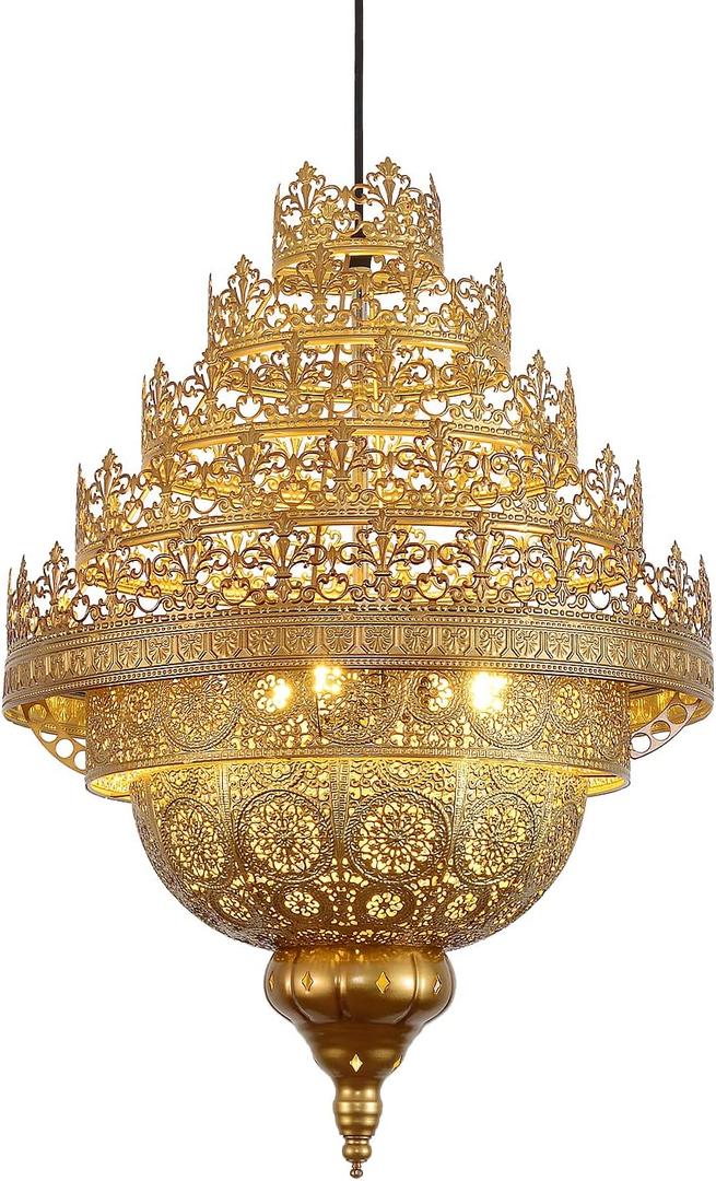 DJAMEL Turkish Lamp Vintage Chandelier Moroccan Lamp Etching Pendant Light, Crown Gold Iron Hollow Arabic Ceiling Hanging Light Pendant Lighting for Kitchen Island Restaurant Hallway Foyer