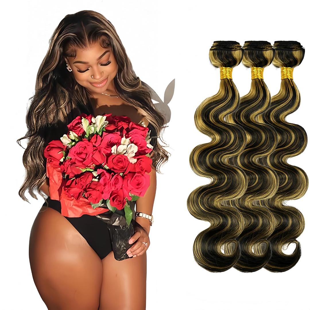 28 30 32 Inch Highlight Bundles Human Hair P1B27 Body Wave Bundles Brazilian Virgin Remy Hair Extensions Double Weft Real Highlight Blonde Body Wave Bundle Hair Weave (#350 Brown-2)