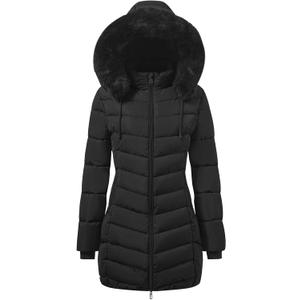 ASPO Women's Long Winter Coats Waterproof Warm Puffer Down Jacket Fleece Lined Parka with Faux Fur Removable Hood (Black, M)