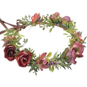 Rose Flower Crown Headband Fairy Floral Headpiece with Ribbon Renaissance Hair Accessories for Women Girls (Red Purple)