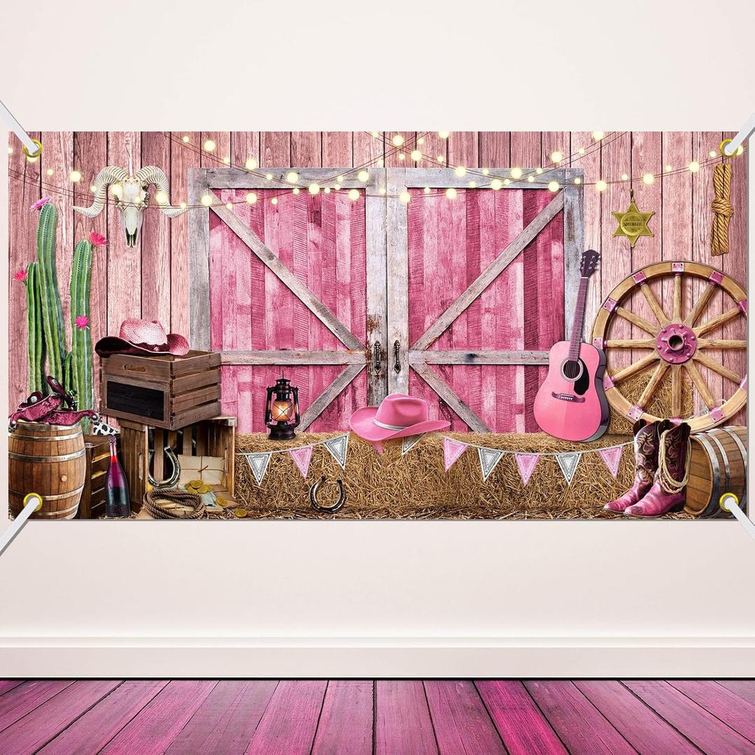 Moukeren 7 x 5 ft Large Western Party Backdrop Cowgirl Party Decorations Pink Wild West Background Decor Wooden House Barn Photo Banner Photoshoot Birthday Bridal Shower Wedding Supplies