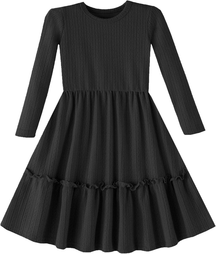 GSVIBK Toddler Girls Cotton Dress Long Sleeve Baby Girl Ruffle Ribbed Knit Sweater Dresses Fall Swing Skirt (Black)