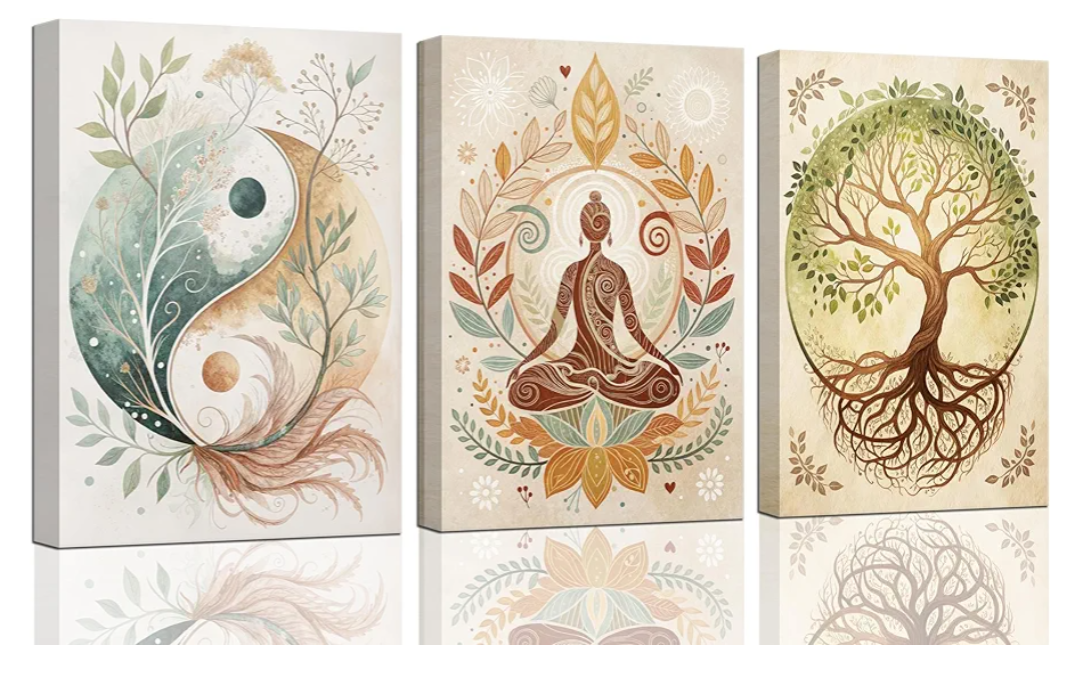 3 Pcs Tree of Life Canvas Wall Art Lotus Zen Painting Pictures Wall Decor Yin Yang Taichi Spiritual Prints Posters for Living Room Yoga Room Hotel Bedroom Home Decor 12x16in Framed