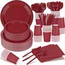 TWOWYHI 228PCS Burgundy Party Supplies Set Include Paper Plates Cups Paper Napkins Plastic Spoons Forks Knives for 30 Guests Disposable Party Dinnerware for Birthday Wedding Family Picnic