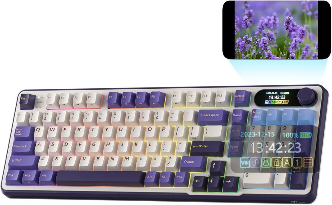 RK ROYAL KLUDGE S98 Mechanical Keyboard w/Smart Display & Knob, Top Mount 96% Wireless Mechanical Keyboard BT/2.4G/USB-C, Hot Swappable, Software Support, Massive Battery, 98 Keys (Lavender Purple)