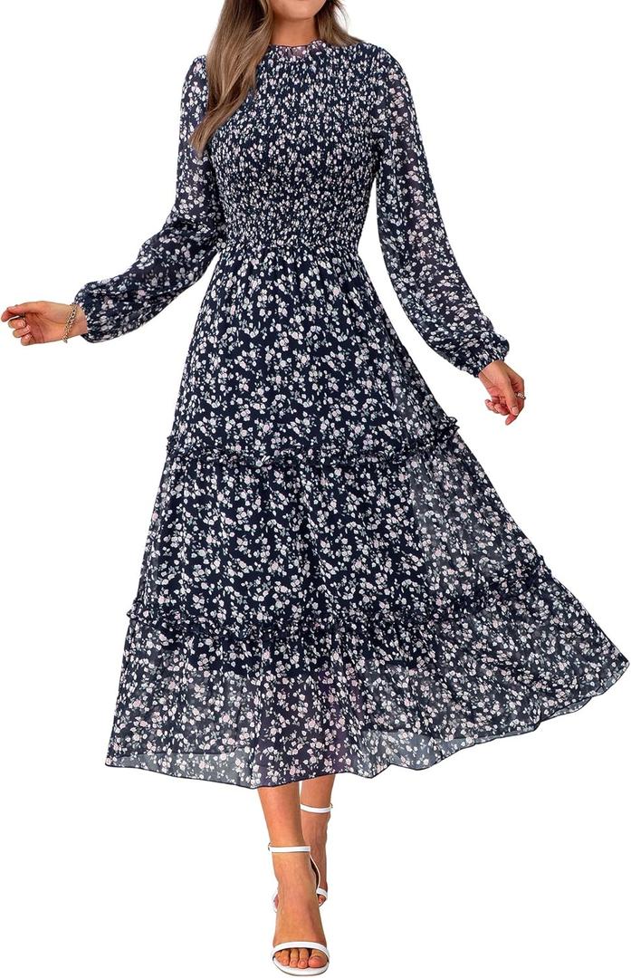 NOLLSOM Women 2023 Fall Dress Floral Boho Dress Casual Long Sleeve Crew Neck Ruffle A-Line Flowy Wedding Guest Maxi Dresses(Navy Pink Flower, Small)