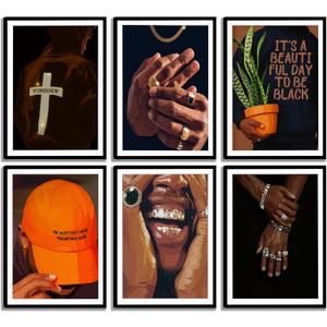 6pcs Black man Canvas Wall Art Black Man Trend Luxury Street Painting Pictures Decor Fashion African American Posters Prints Artwork for Living Room Bedroom Scene Home Decoration Unframed (10L" x 8W")