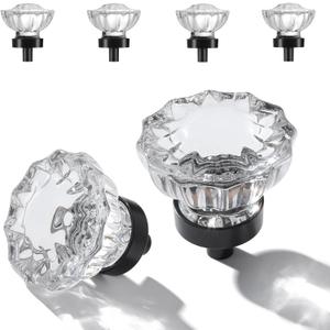 Matte Black Cabinet Knobs Crystal Cabinets Knob 4 Pack, Clear Crystal Small Pull for Closet Dresser Drawers Cupboard Wardrobe, Solid Alloy Retro Pulls Single-Hole Old Fashioned