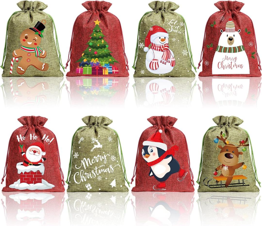 Shappy 16 Pcs Christmas Burlap Bags with Drawstrings, 6 x 8in Small Christmas Gift Bags Baskets for Xmas Presents Holiday Party Favors Supplies, Mini Linen Treats Candy Sacks(Classic Style)
