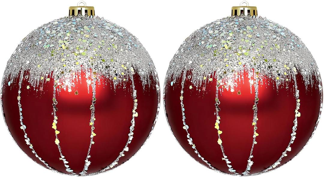 6''/150mm Extra Large Christmas Ball Ornaments, 2Pcs Shatterproof Solid Oversized Huge Big Christmas Trees/Garlands/Wreaths/Stairs Outdoor Plastic Hanging Ball Tree DecorGlitter (2pcs-white and Red Colour-blocked)