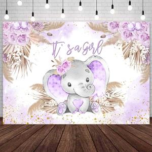 Sensfun 7x5ft Girl Elephant Baby Shower Backdrop Boho Purple Floral Party Background Sweet Little Peanut Elephant Decorations Cake Table Banner Photo Booth Props