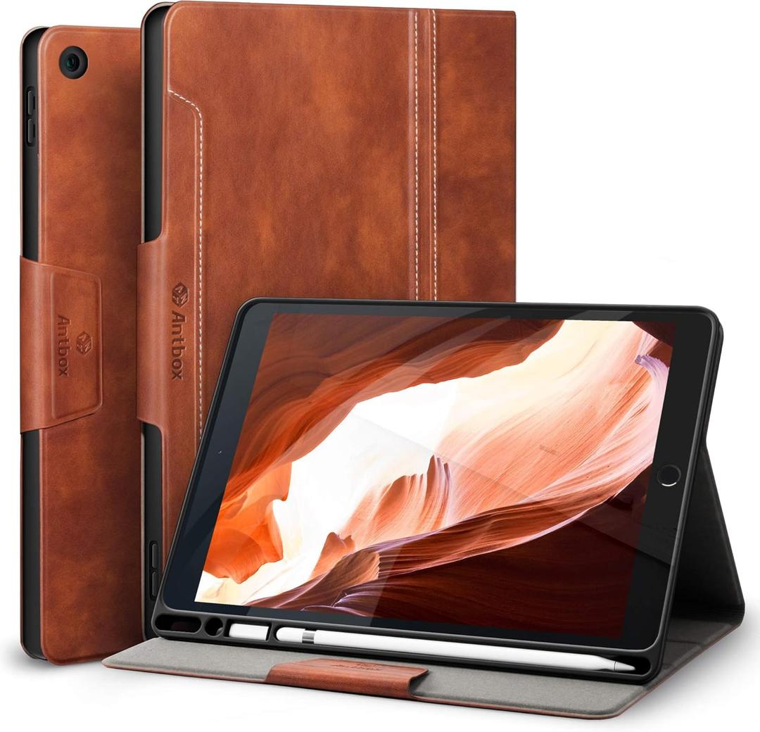 Antbox Case for iPad 9th Generation/iPad 8th Generation with Pencil Holder Vegan Leather Smart Cover for iPad 10.2'' 9th/8th/7th Gen (Brown)
