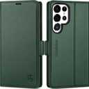 SHIELDON Case for Galaxy S25 Ultra 6.9", Genuine Leather Wallet Case with RFID Blocking Card Holder Kickstand Shock Absorbing Protective Cover Compatible with Galaxy S25 Ultra 2025 - Evergreen