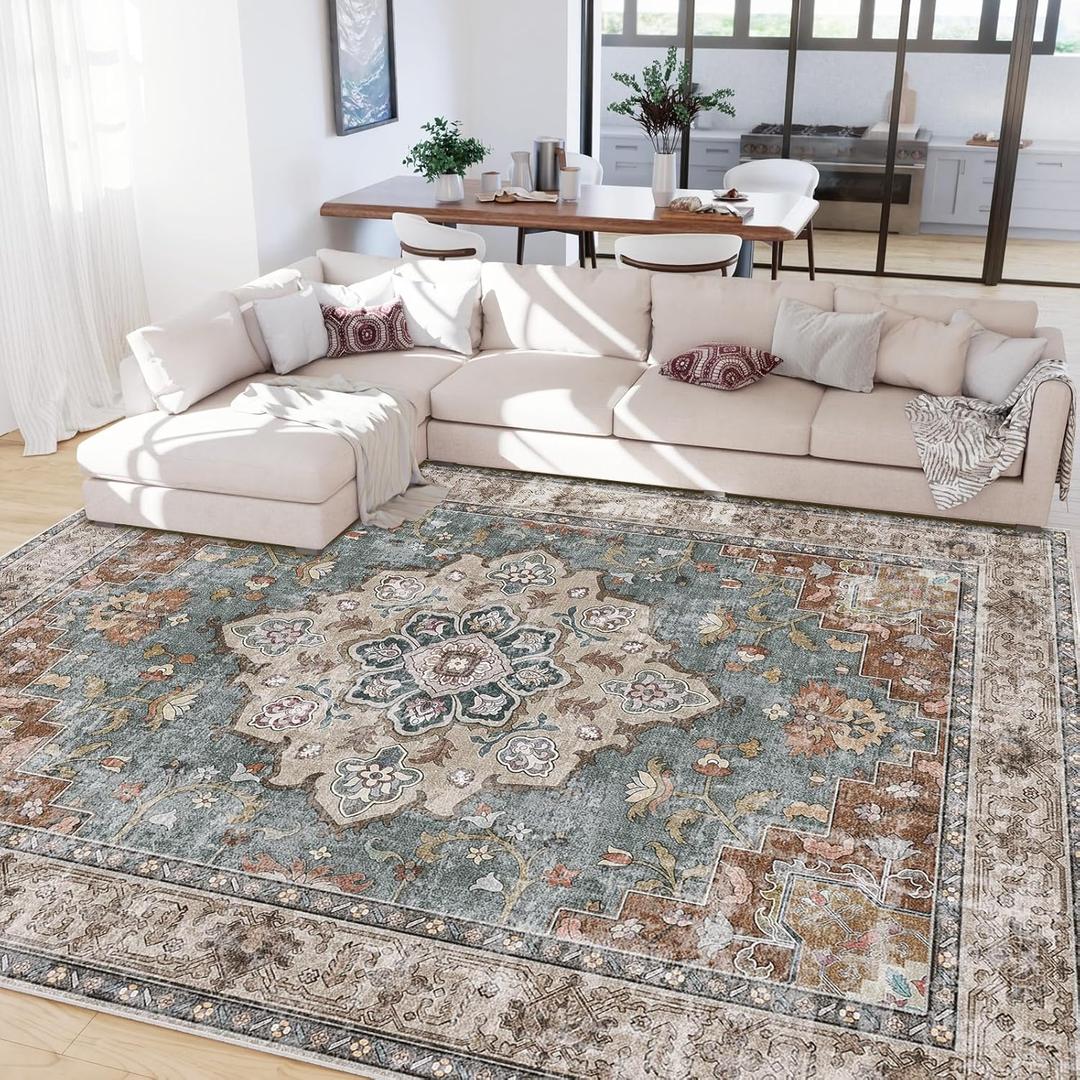 Machine Washable 9x12 Area Rugs for Living Room Vintage Carpet Non Slip Low Pile Water Repellent Soft Print Pattern for Bedroom Indoor Decor Polyester Rug Browngreen