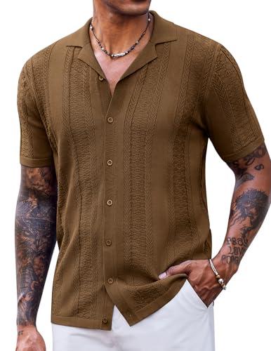 COOFANDY Men's Knit Shirts Vintage Short Sleeve Button Down Shirt Casual Summer Beach Shirt Brown, 4XL