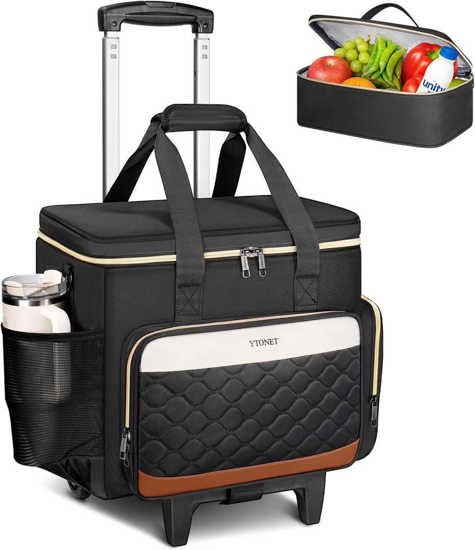 Ytonet Rolling Teacher Bag with Insulated Lunch Carrier, 15.6" Rolling Laptop Bag Women with Detachable Dolly, Large Roller Briefcase for Women Roller Tote Bags for Teacher Work Office Nurse Craft (Black/Beige/Brown)