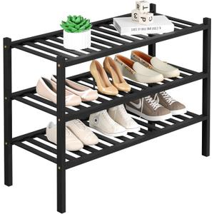 3 Tier Bamboo Shoe Rack for Closet Free Standing Wood Shoe Shelf Storage Organizer for Entryway Small Space Stackable 27"x11"x20" (Black)
