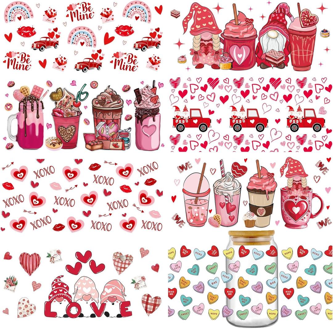 Valentines UV DTF Cup Wraps - 8 Sheets Valentines Day Crafting Cup Decal Transfers Waterproof Stickers for 16oz Glass Cup Rub On Transfers Decals with Red Pink Heart Rainbow Gnome Pattern
