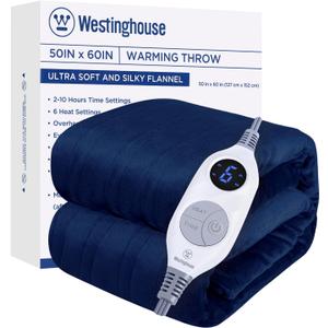 Westinghouse Heated Blanket Throw, Electric Throw with 6 Heating Levels, 2-10 Hours Time Settings, Overheat Protection, Machine Washable, Flannel (Throw, 50x60 Inches, Navy Blue) (Throw Size 50*60")