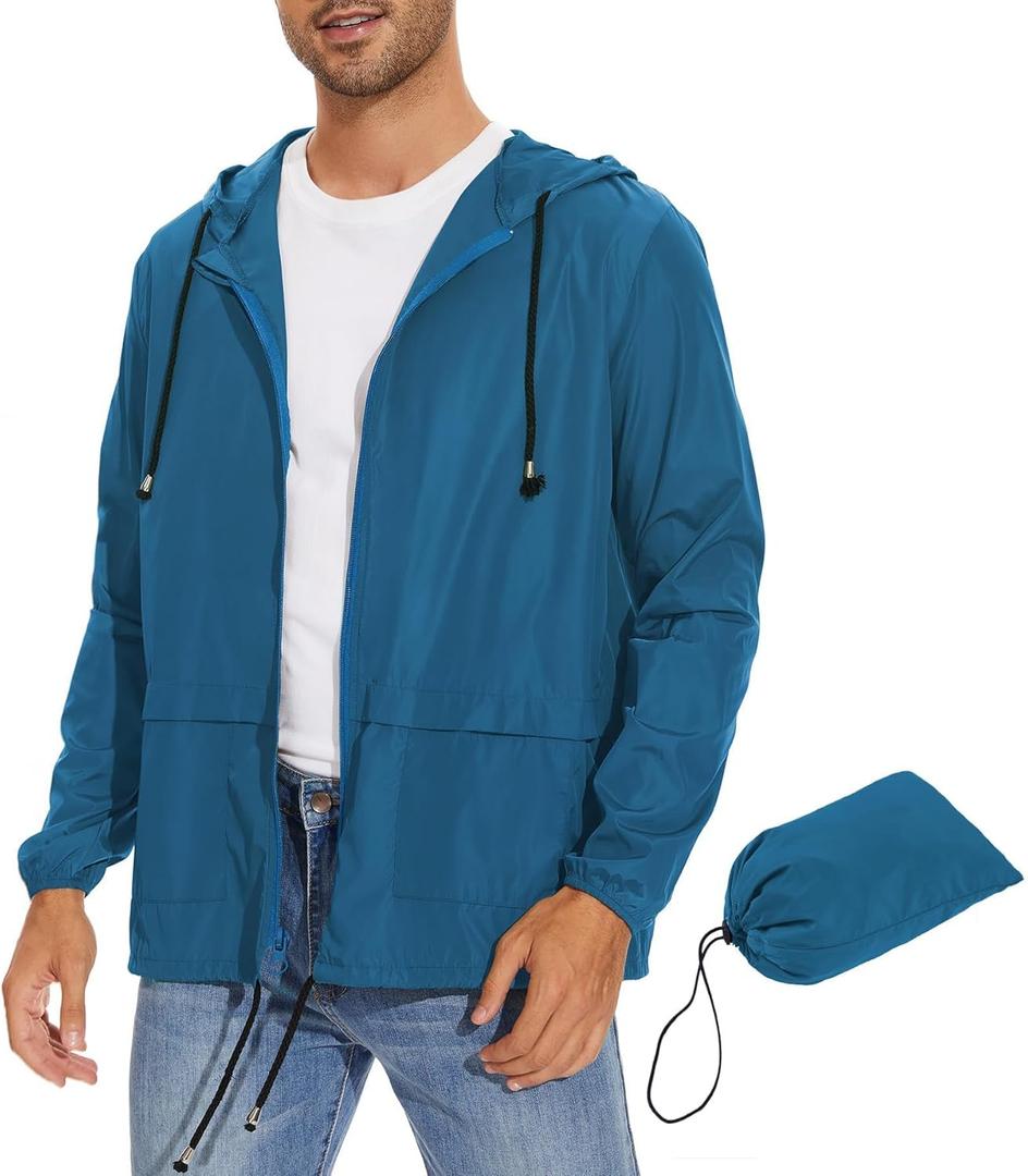 Zando Packable Mens Rain Jacket Lightweight Raincoat Waterproof with Hood Outdoor Windbreaker Jacket Travel Rain Jackets (X-Large, 01 Blue)