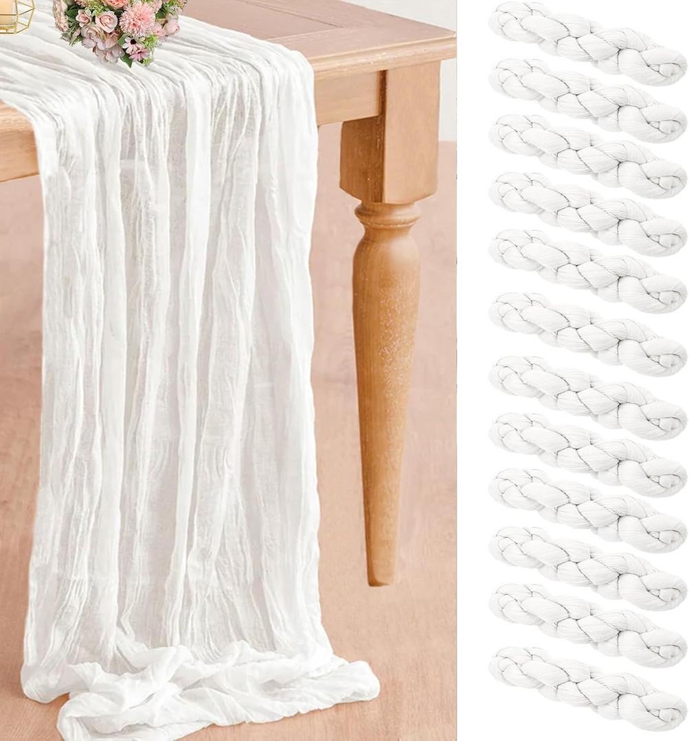 DREAMBOAT 12 Pack White Cheesecloth Table Runner 10ft Gauze Table Runner 35x120 Inch Boho Rustic Sheer Cheese Cloth Table Runner for Wedding Baby Bridal Shower Birthday Party Decorations