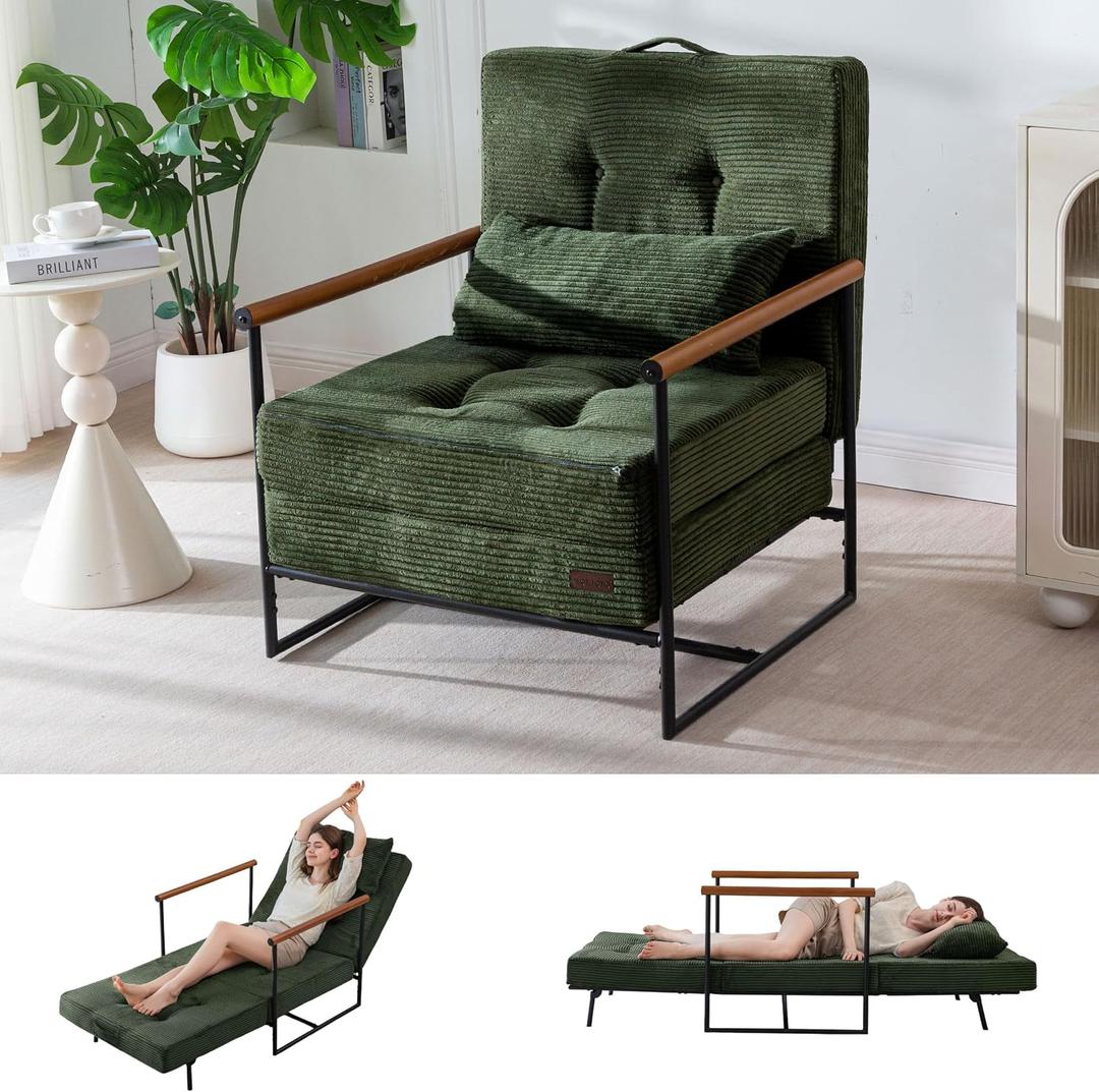MAXYOYO Chair Bed, Adjustable Sleeper Chair, Single Sofa Bed with Frame | 2-in-1 Folding Lounge Chair, Adjustable Backrest and Tufted Corded Upholstery for Living Rooms or Bedrooms, Dark Green