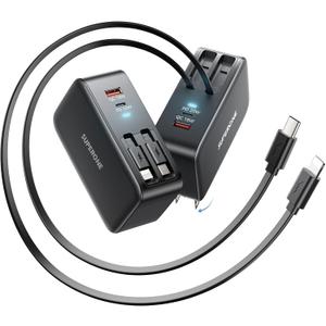 SUPERONE 78W Retractable Charger with USB C & Apple Cables, 4-Ports GaN Retractable Wall Charger, USB C Chargers Block Fast Charging for iPhone 17/16/15/14/13/12, iPad, Galaxy