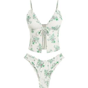 ZAFUL Tankini Swimsuits for Women Smocked Ruffles Tie Front Bowknot Textured High Cut Tanga Tankini Set (Small, 2-light Green)