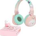 Cat Bundle: Bluetooth Speaker & Kids Headphones - Cute Animal Design, Rotating Figurine, Night Light, Volume Limited, Comfortable & Foldable, for Home, Travel, School & Airplane