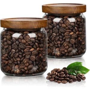 2PCS Small Glass Storage Jars with Airtight Lids, 17 fl oz (500ml) coffee container with Wooden Lid, Glass Pantry Canister for Beans, Rice, Sugar and etc