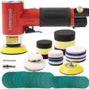 Mini Air Sander with 2'' 3'' Pads, Pneumatic Mini Sander 25mm/50mm Polisher for Auto Body Work Headlight Polishing Paint Cleaning with 24pcs Sandpapers and 16 Sanding Wheels