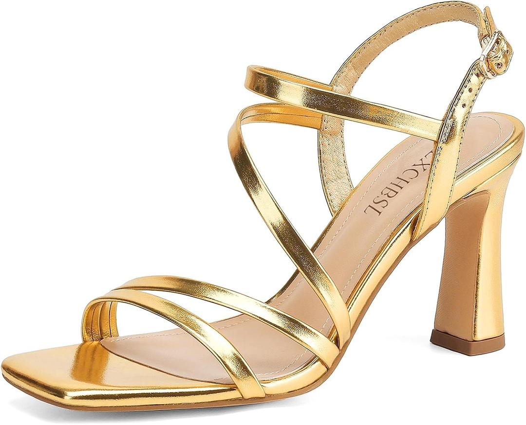 Strappy Heels for Women 3 Inch Chunky Block High Heels Square Open Toe Ankle Strap Dress Sandals for Wedding Prom Party Bridesmaid (Gold)