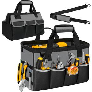 Tool Bag, Portable Tool Box Organizer Adjustable Shoulder Strap, Carry Tool Tote Heavy Duty Tool Storage Bag With Wide Mouth,Tool Bags for Men Mechanic EngineerGift - L, Dark Grey & Black