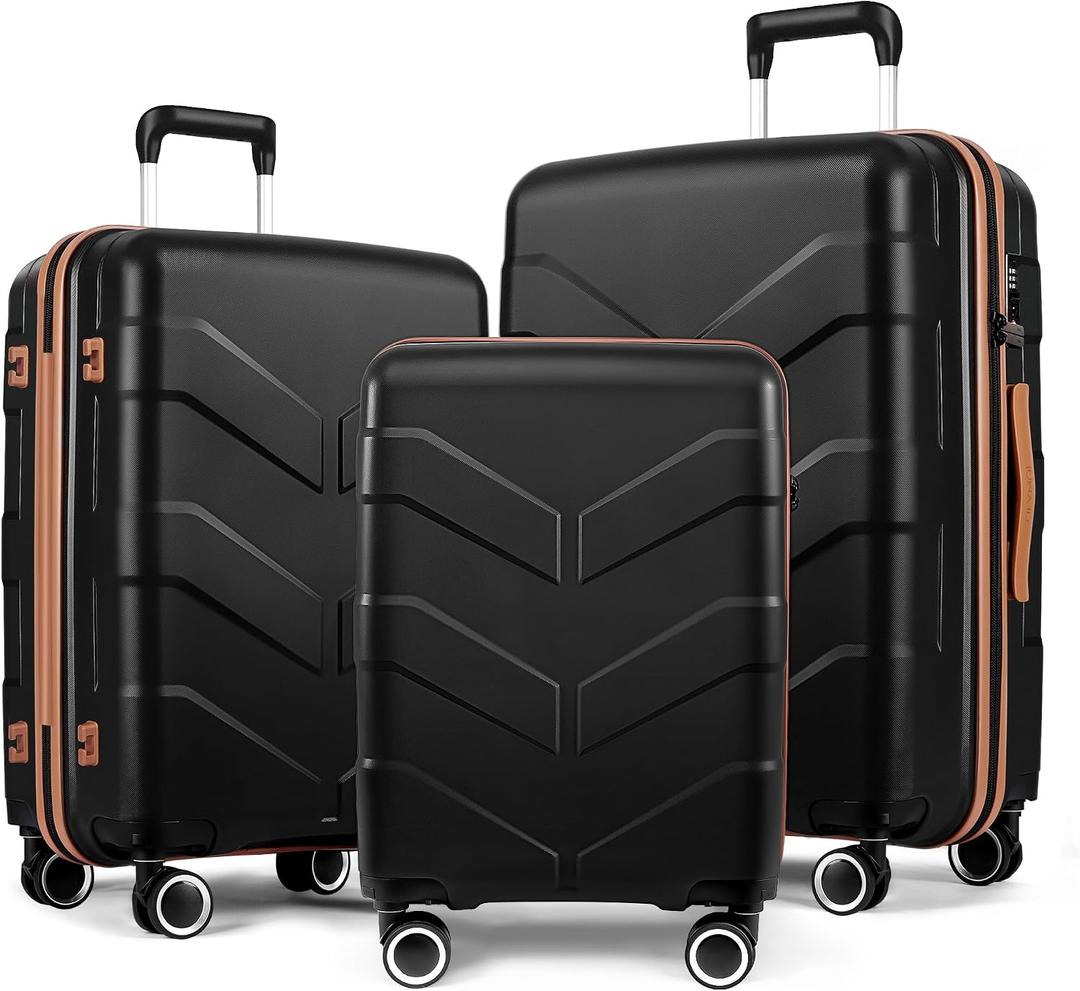 TILYMOL Luggage Sets 3 Piece with Spinner Wheel, Hardside Suitcase Set with TSA Lock, Expandable Lightweight Travel Luggage for Men and Women, Black, 20in24in28in