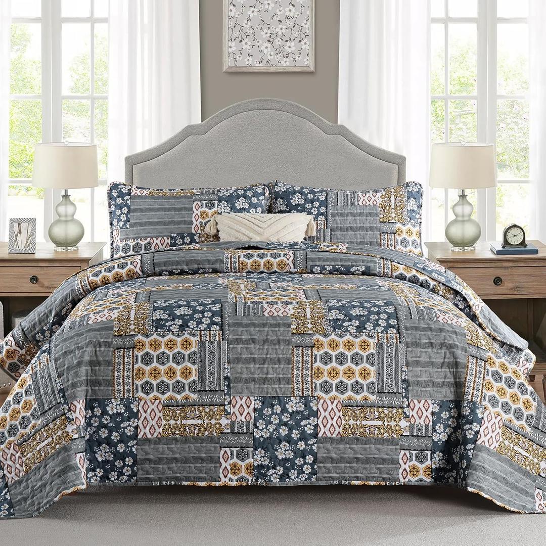 Mybedsoul Dark Grey Quilt Set Queen Size, 3 Pieces Plaid Floral Bedspread Set Patchwork Reversible Bedding Set Microfiber Lightweight Bedspread Coverlet Set for All Season 96"x90", Dark Gray 