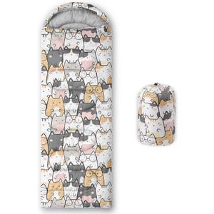 QOOMO Kawaii Cat Printed Camping Sleeping Bags, 3 Season Warm & Cool Weather, Lightweight, Waterproof Sleeping Bags for Adults Kids Girls, Traveling, and Outdoors, Camping Gear Equipment, 31x90inch