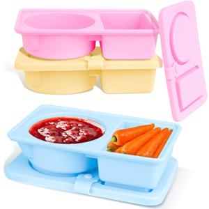 3 Pack Silicone Reusable Snack Containers with Lids, Double Compartment Snackle Box Containers, Salad Dressing Sauce Seasoning Container, Small Mini Food Snack Boxs for Travel, Office, Picnic