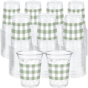 100 Pcs Sage Green Gingham Plastic Cups 12 oz Green Checkered Plaid Disposable Plastic Drinking Cups Bulk for Baby Shower Wedding Birthday Christmas Party Decoration Supplies