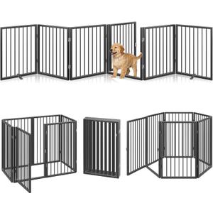Vantas Folding No-Assembly Metal Pet Gate 120" Wide, 24" Extra Tall Dog Gate with Door Walk Through, Freestanding Accordion Puppy Gate Dog Door for Indoor & Outdoor, with 2PCS Support - Black