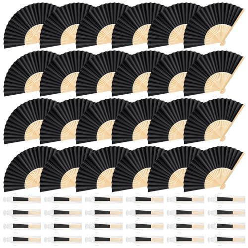 BOUBONI 24 Pieces Black Hand Held Bamboo Folding Fans Paper Fans Handheld for Women Foldable Girls Wedding Decoration Church Home Party Favors Summer