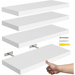 16White Floating Shelves for Wall Set of 4,Rustic Wood Shelf for Room Decor/Storage/Display,Small Bookshelf,Wall Mounted Hanging Shelves for Bedroom, Bathroom, Living Room, Kitchen (16in)