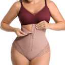SHAPELLX Tummy Control Thong Shapewear for Women Shaping Thong Body Shaper Underwear with Hook Zipper Closure (Small, Mauve Brown)