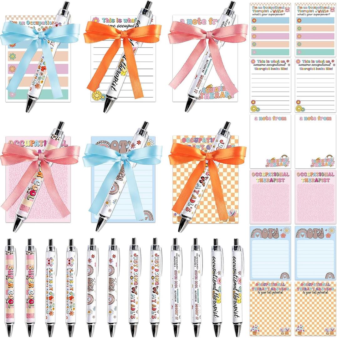 12 Sets Occupational Therapy Gifts OT Appreciation Month Sticky Notes with Pens and Ribbon OT Party Favors Ballpoint Pens Notepads Therapist Gifts for Doctor Nurse Social Worker Assistant Office
