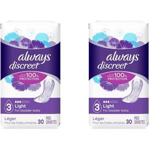 Always Discreet, Incontinence Light Pads, 3 Drops - 30 Pads Each (Value Pack of 2)