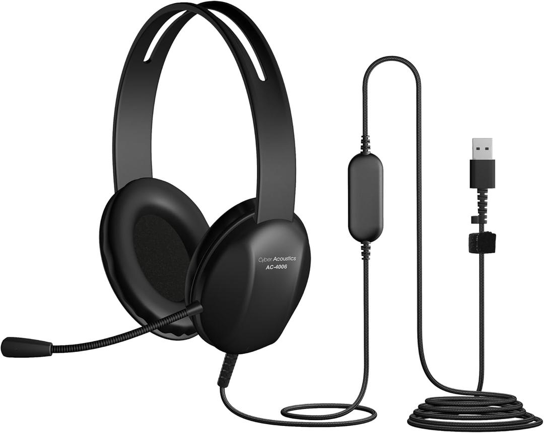 Cyber Acoustics USB-A Stereo Headset (AC-4006) - Durable, Crisp, and Clear Communication in K-12 Classrooms or Home, Made with 60 Percent Recycled Plastic
