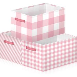 Boao 3 Pack Pink Checkered Storage Bins, Large Collapsible Canvas Baskets with Handles, Empty Decorative Holiday Gift Baskets for Christmas Home Organization, Bedroom, Closet, Shelves, Nursery Decor