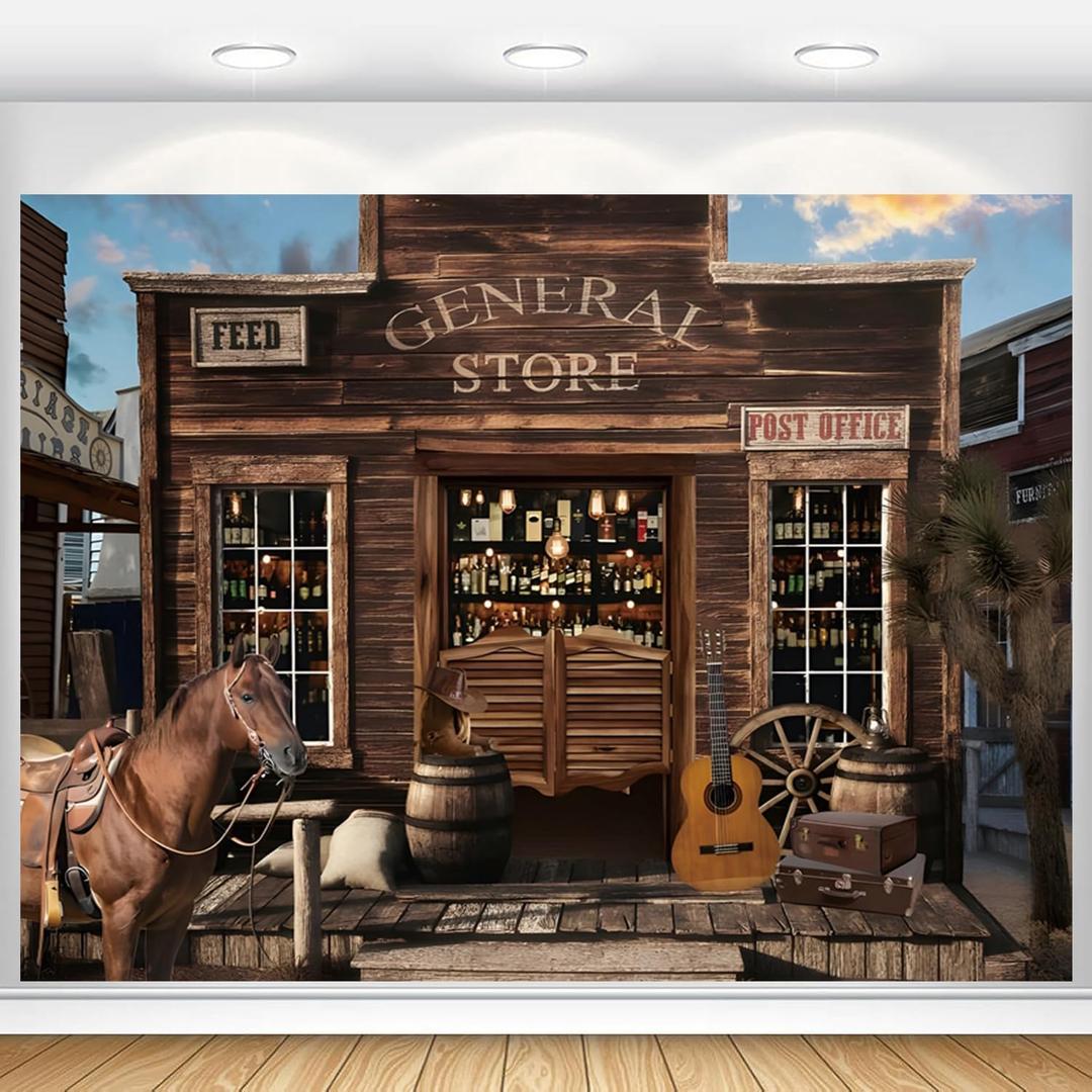 Western Backdrop 10x8ft Cowboy Party Decorations Banner Wild West Country Rustic Town Saloon Bar Horse Photography Background Kids Adult Portrait Studio Photo Booth Props Polyester Fabric