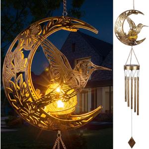 VIHOSE Solar Hummingbird Wind Chimes for Outside, 39 Inch Waterproof Hummingbird Moon Windchime Outdoor Solar Lights for Women Mother Birthday Housewarming Gift Garden Decor